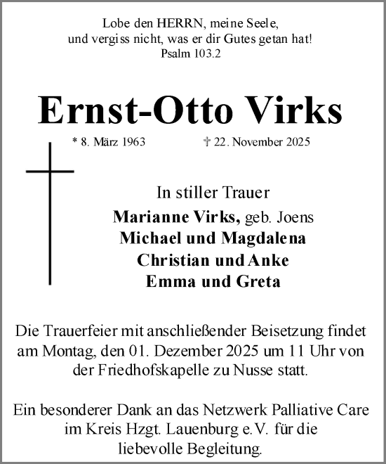 Traueranzeige von Ernst-Otto Virks von MARKT Ratzeburg/Mölln