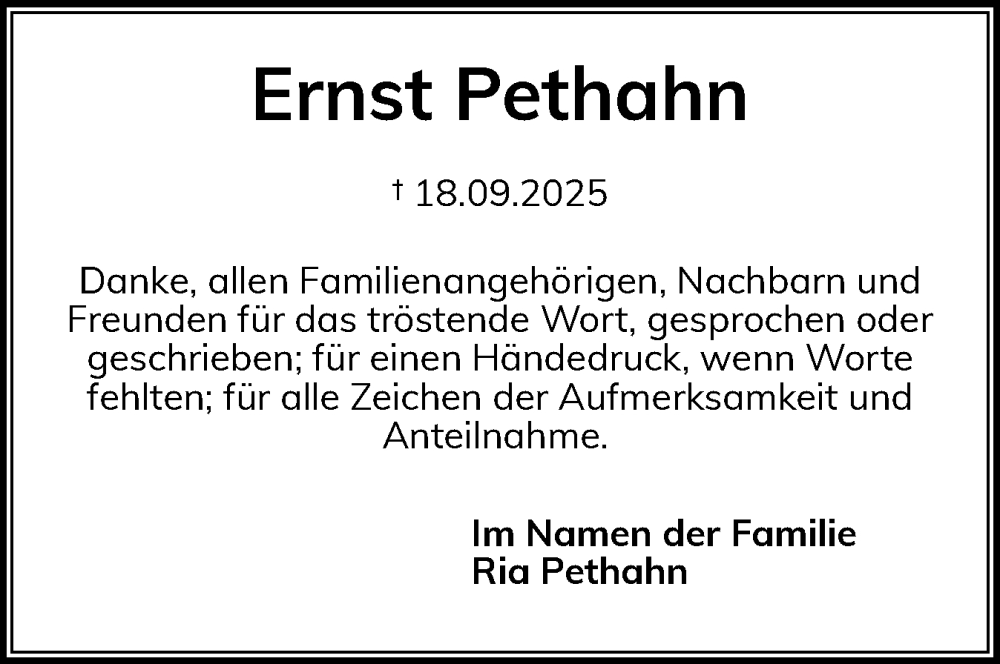  Traueranzeige für Ernst Pethahn vom 22.11.2025 aus Region Steinburg-Elmshorn