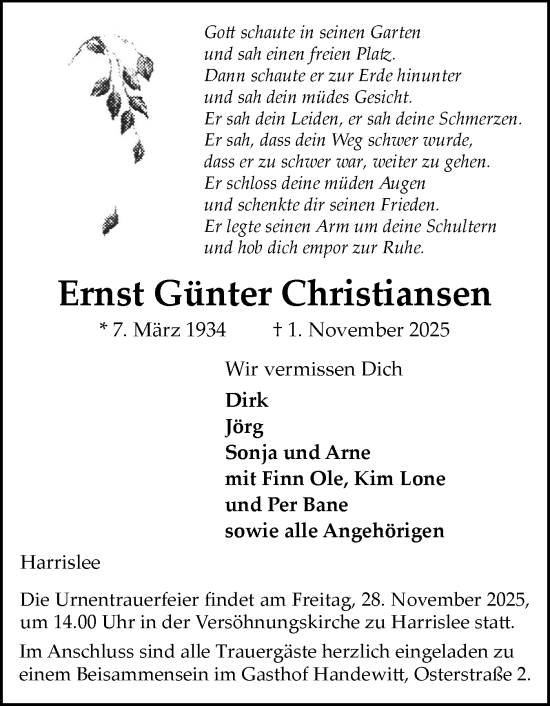 Traueranzeige von Ernst Günter Christiansen von Flensburger Tageblatt