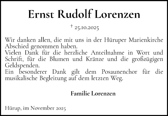 Traueranzeige von Ernst Rudolf Lorenzen von Flensburger Tageblatt
