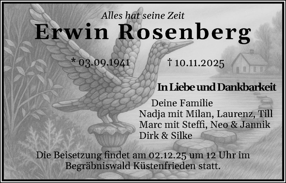  Traueranzeige für Erwin Rosenberg vom 29.11.2025 aus Eckernförder Zeitung, Hallo Eckernförde