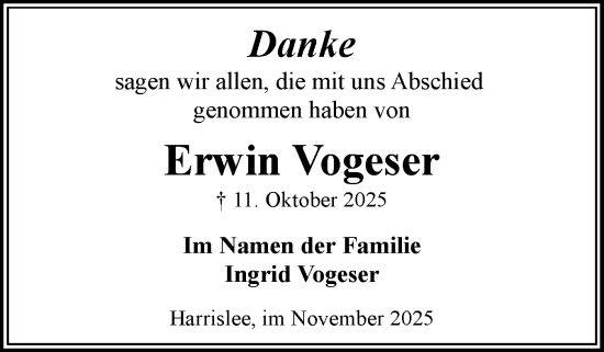 Traueranzeige von Erwin Vogeser von Flensburger Tageblatt