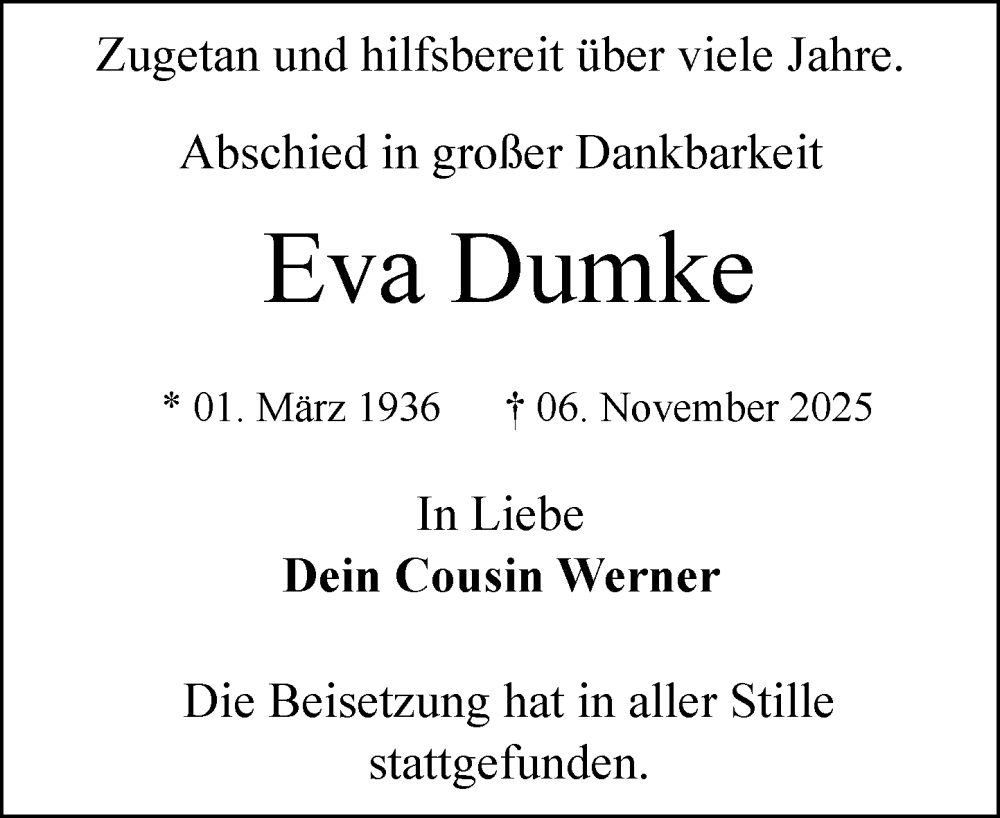  Traueranzeige für Eva Dumke vom 29.11.2025 aus MARKT Ratzeburg/Mölln