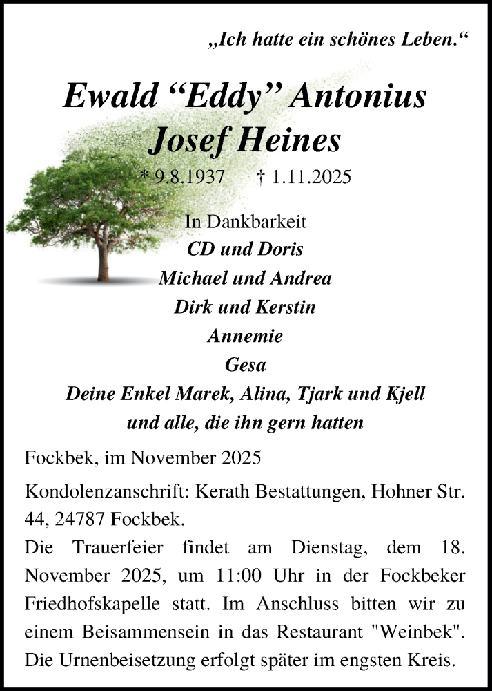  Traueranzeige für Ewald Antonius Josef Heines vom 15.11.2025 aus Schleswig-Holsteinische Landeszeitung