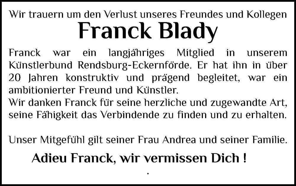  Traueranzeige für Franck Blady vom 15.11.2025 aus Eckernförder Zeitung, Hallo Eckernförde