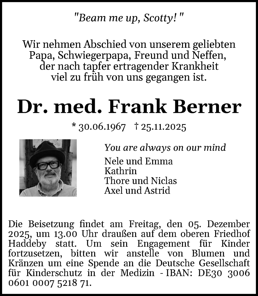  Traueranzeige für Frank Berner vom 29.11.2025 aus Schleswiger Nachrichten, Schlei-Bote
