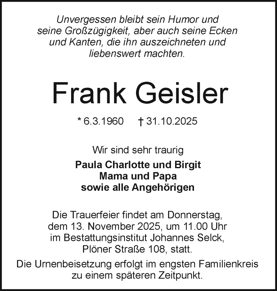  Traueranzeige für Frank Geisler vom 08.11.2025 aus Holsteinischer Courier