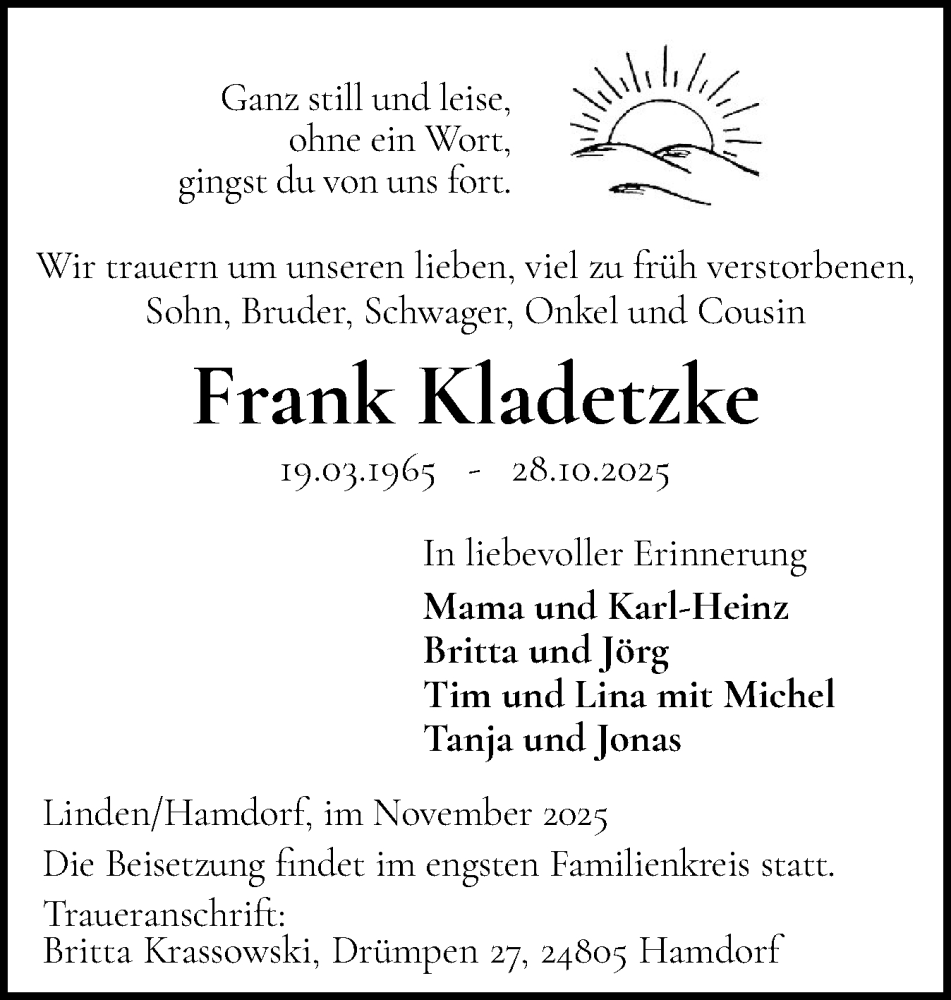  Traueranzeige für Frank Kladetzke vom 08.11.2025 aus Schleswig-Holsteinische Landeszeitung