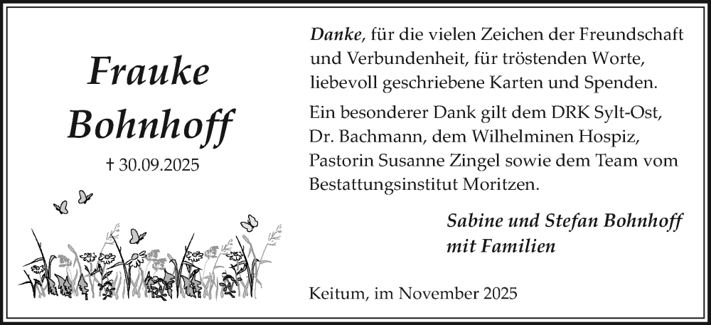  Traueranzeige für Frauke Bohnhoff vom 08.11.2025 aus Sylter Rundschau