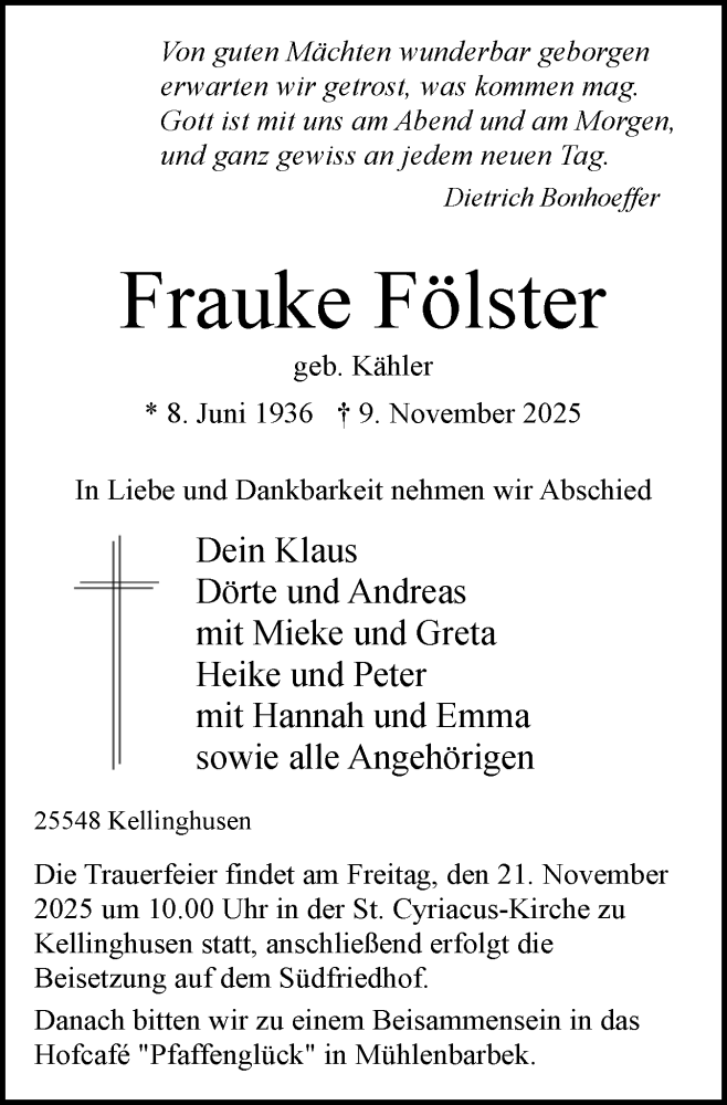  Traueranzeige für Frauke Fölster vom 15.11.2025 aus Norddeutsche Rundschau, Wilstersche Zeitung, Glückstädter Fortuna