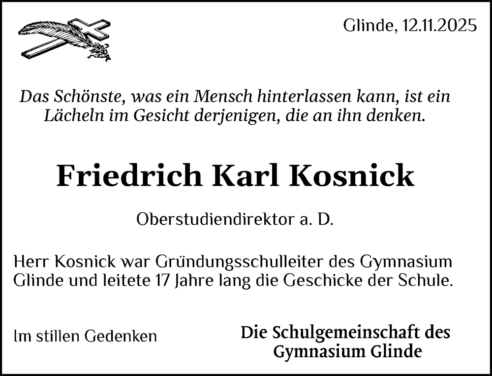  Traueranzeige für Friedrich Karl Kosnick vom 15.11.2025 aus MARKT Glinde/Reinfeld