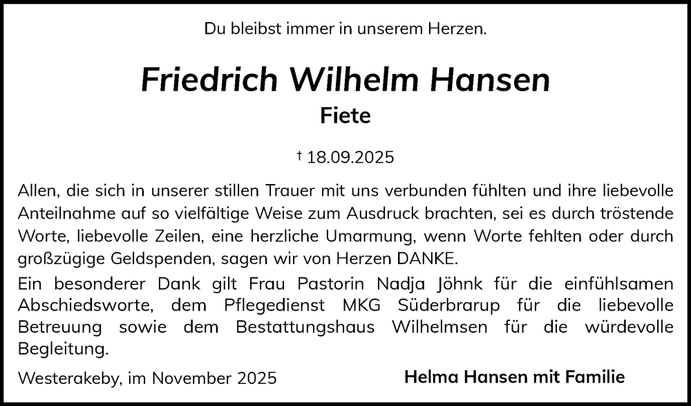  Traueranzeige für Friedrich Wilhelm Hansen vom 08.11.2025 aus Schleswiger Nachrichten, Schlei-Bote
