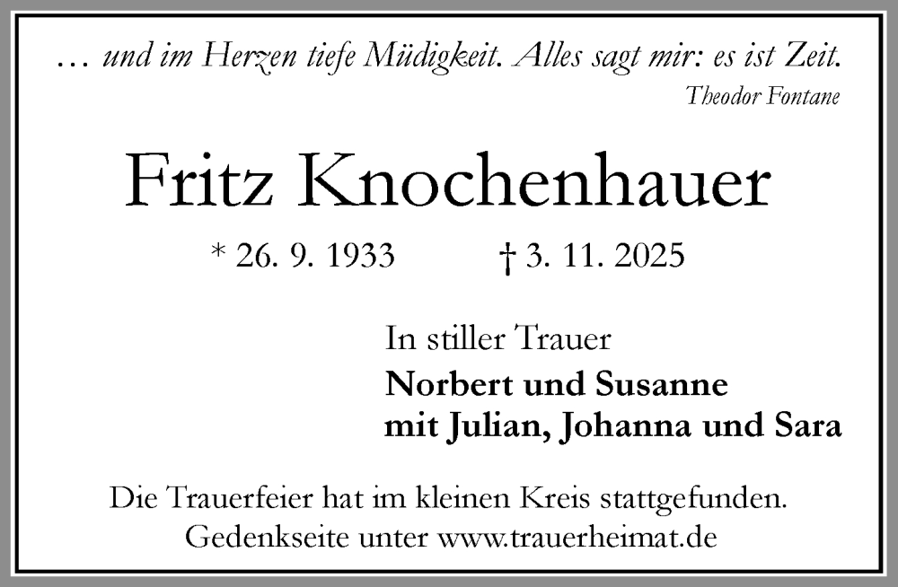  Traueranzeige für Fritz Knochenhauer vom 15.11.2025 aus Umschau