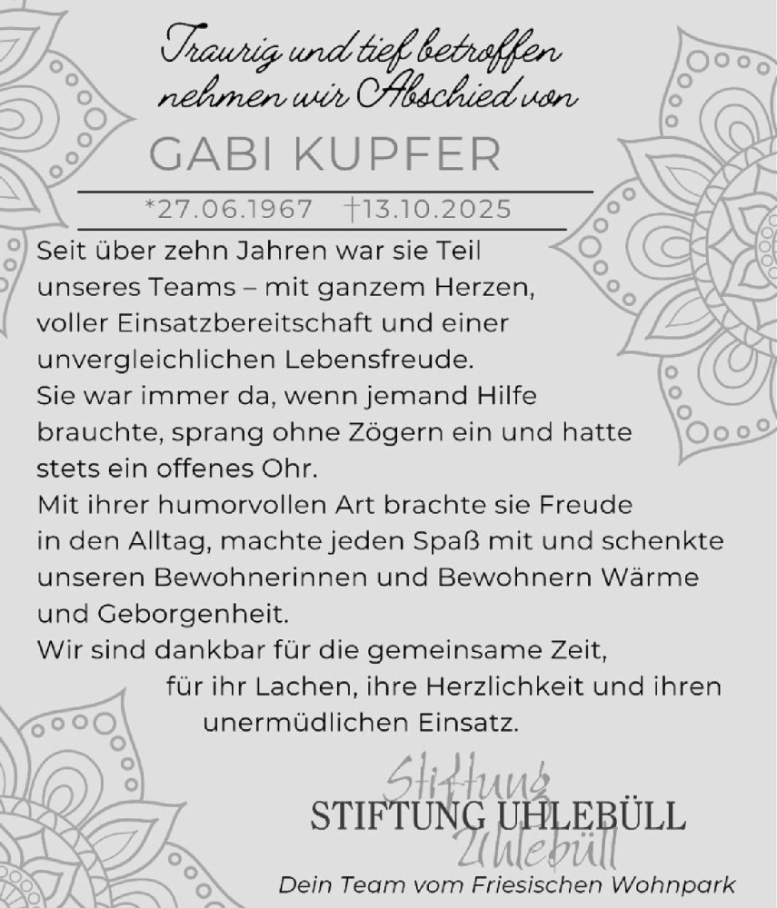  Traueranzeige für Gabi Kupfer vom 14.11.2025 aus Husumer Nachrichten, Nordfriesland Tageblatt