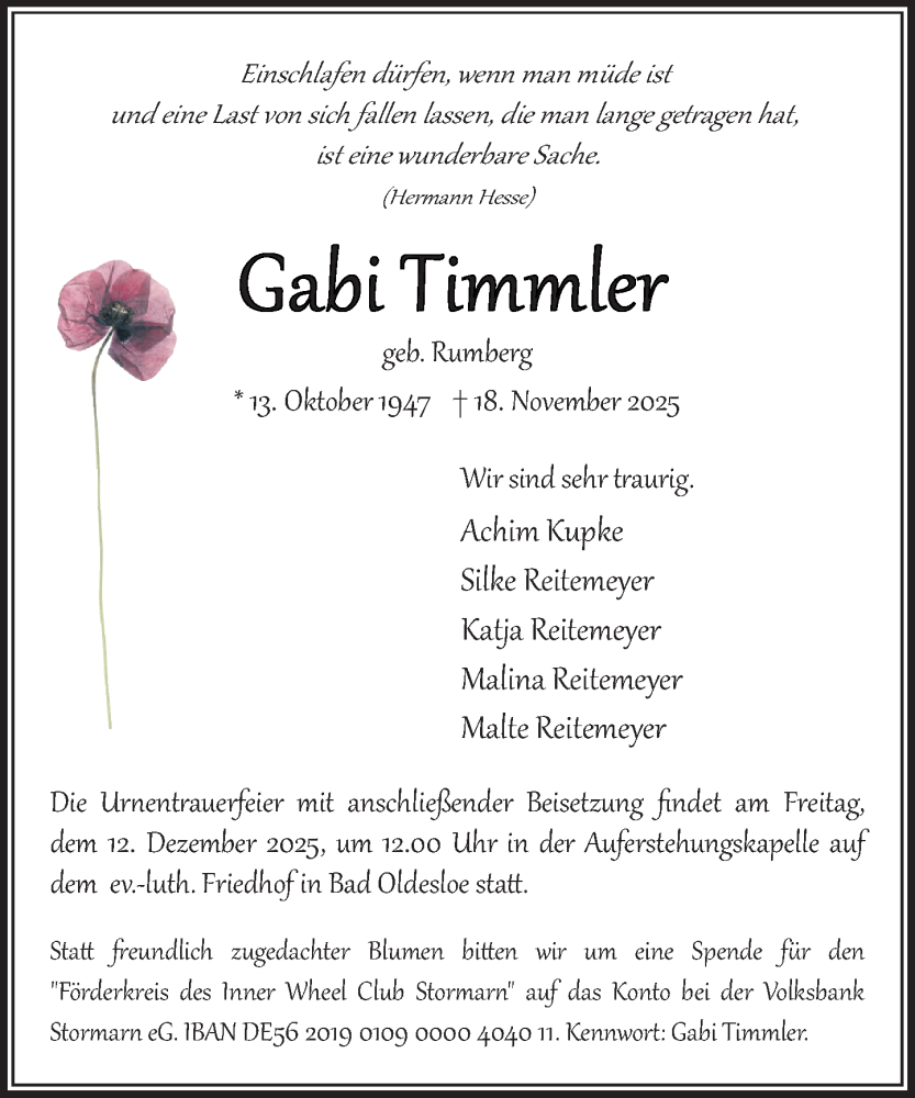  Traueranzeige für Gabi Timmler vom 29.11.2025 aus MARKT Bad Oldesloe/Reinfeld und Stormarner Tageblatt