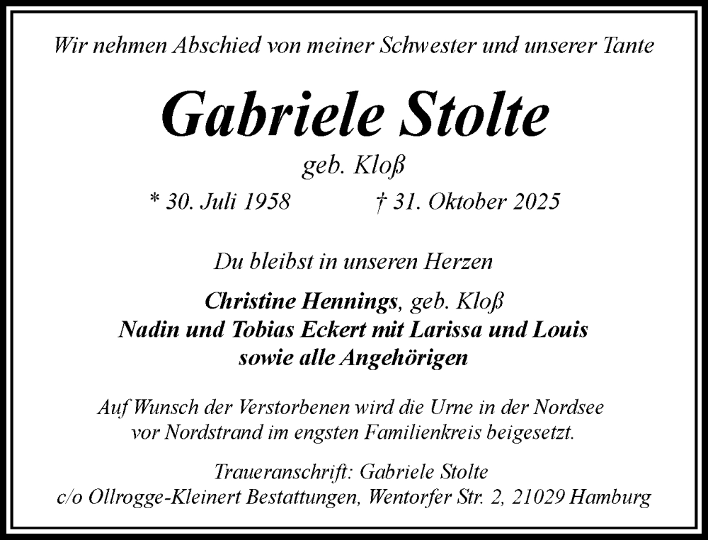  Traueranzeige für Gabriele Stolte vom 15.11.2025 aus Wochenend Anzeiger