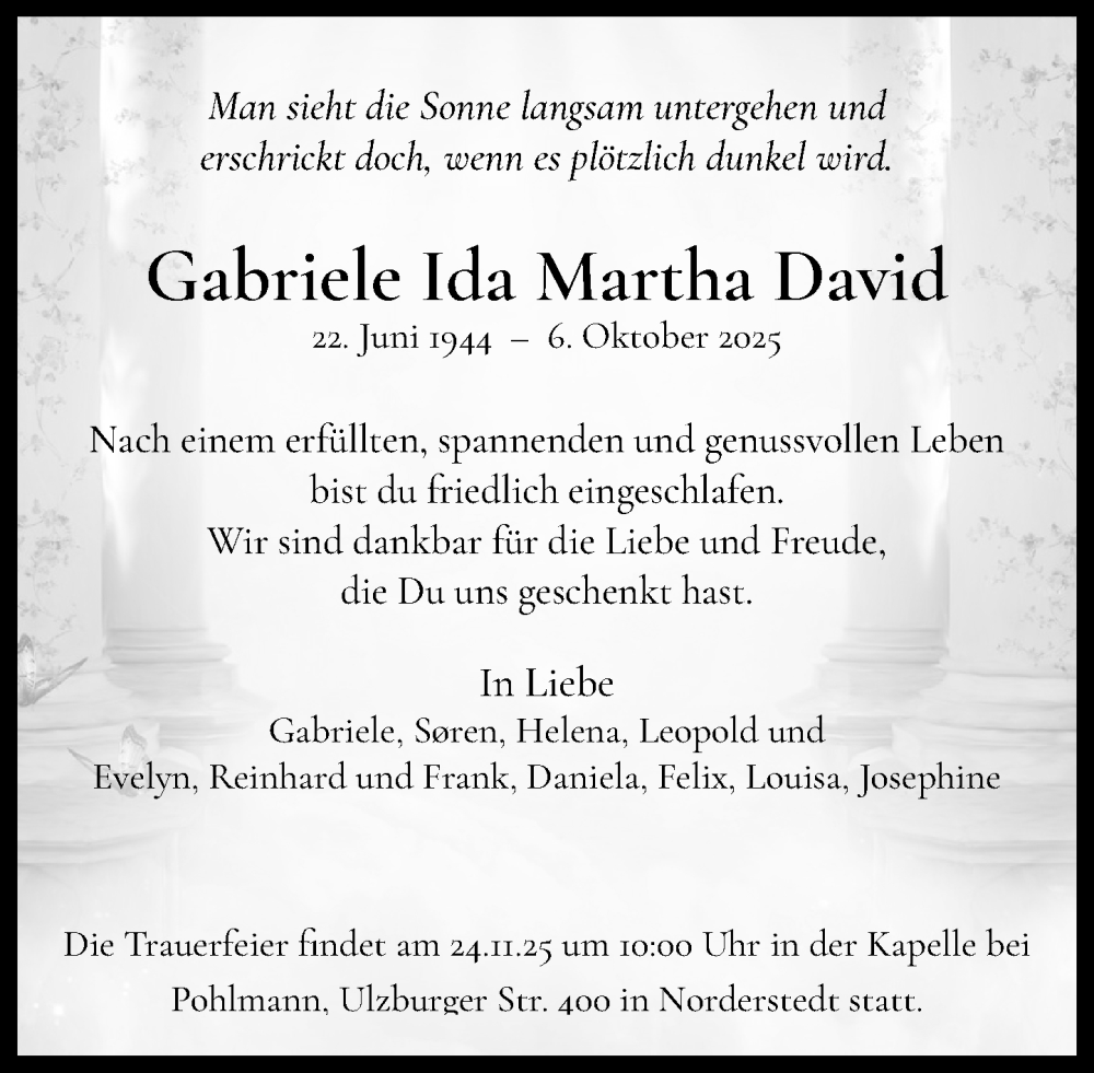  Traueranzeige für Gabriele Ida Martha David vom 15.11.2025 aus Heimatspiegel