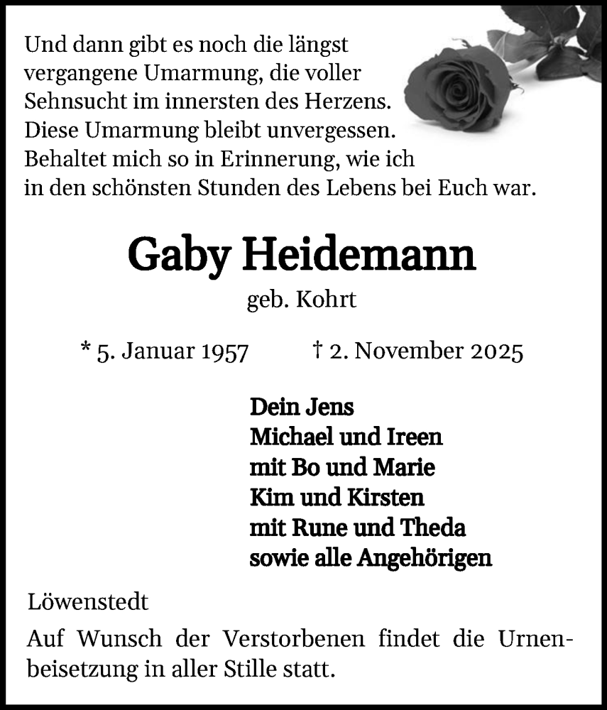  Traueranzeige für Gaby Heidemann vom 08.11.2025 aus Husumer Nachrichten, Nordfriesland Tageblatt