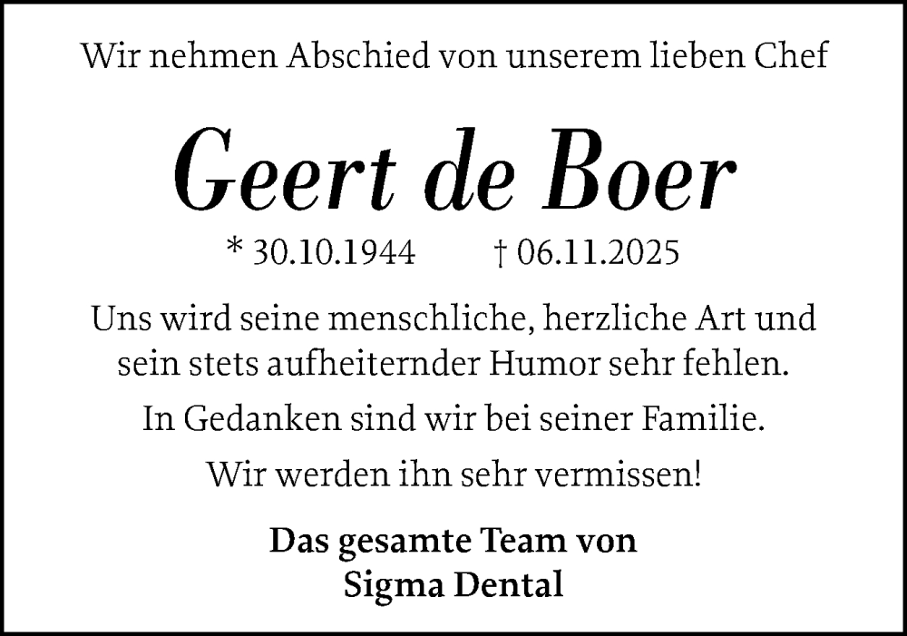  Traueranzeige für Geert de Boer vom 15.11.2025 aus Flensburger Tageblatt