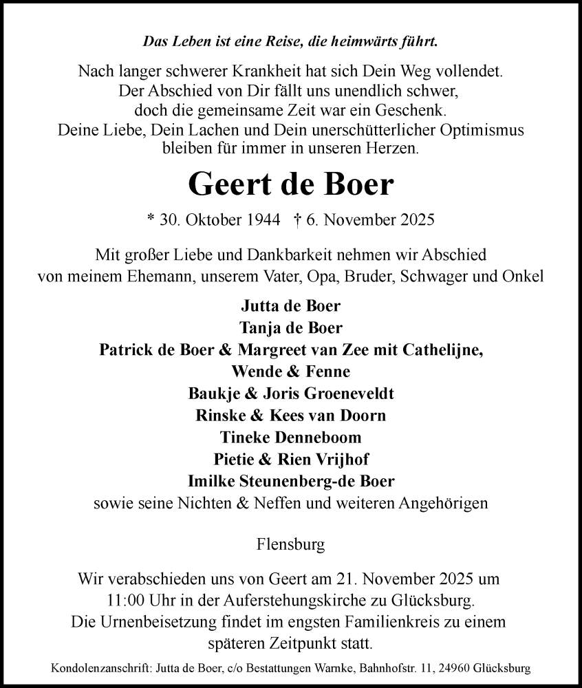  Traueranzeige für Geert de Boer vom 15.11.2025 aus Flensburger Tageblatt