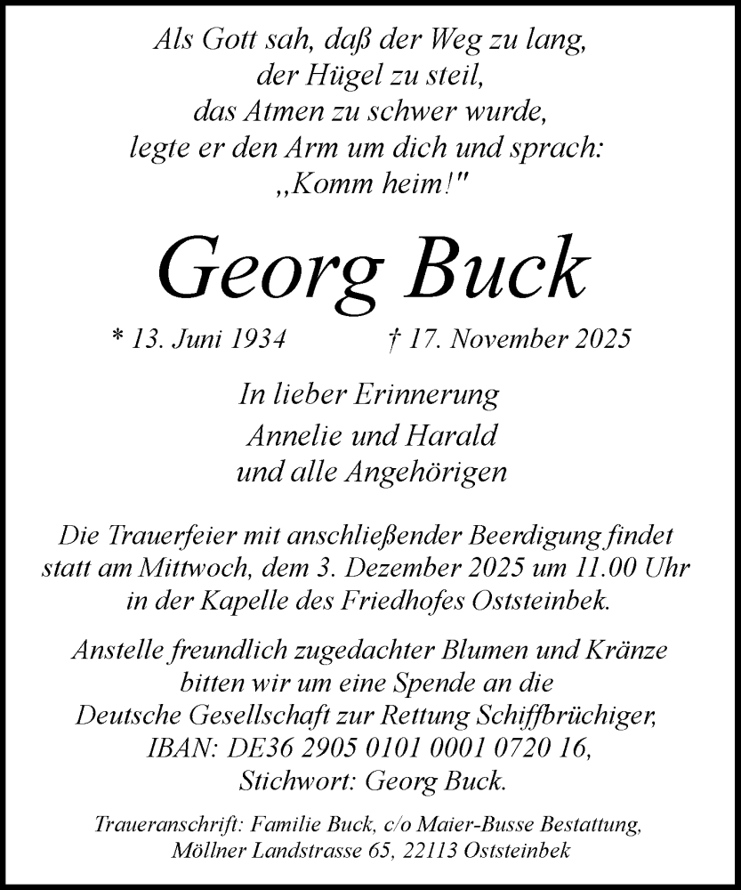  Traueranzeige für Georg Buck vom 29.11.2025 aus MARKT Glinde/Reinfeld