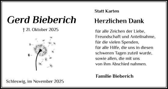 Traueranzeige von Gerd Bieberich von Schleswiger Nachrichten, Schlei-Bote