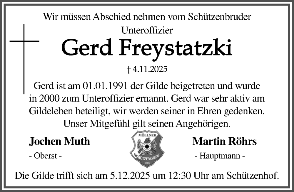  Traueranzeige für Gerd Freystatzki vom 29.11.2025 aus MARKT Ratzeburg/Mölln