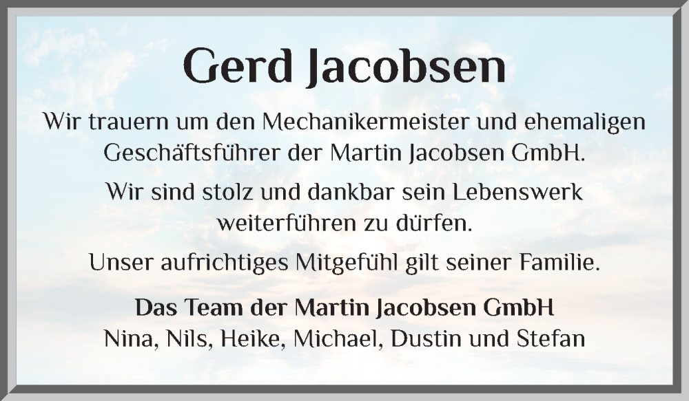  Traueranzeige für Gerd Jacobsen vom 15.11.2025 aus Eckernförder Zeitung, Hallo Eckernförde