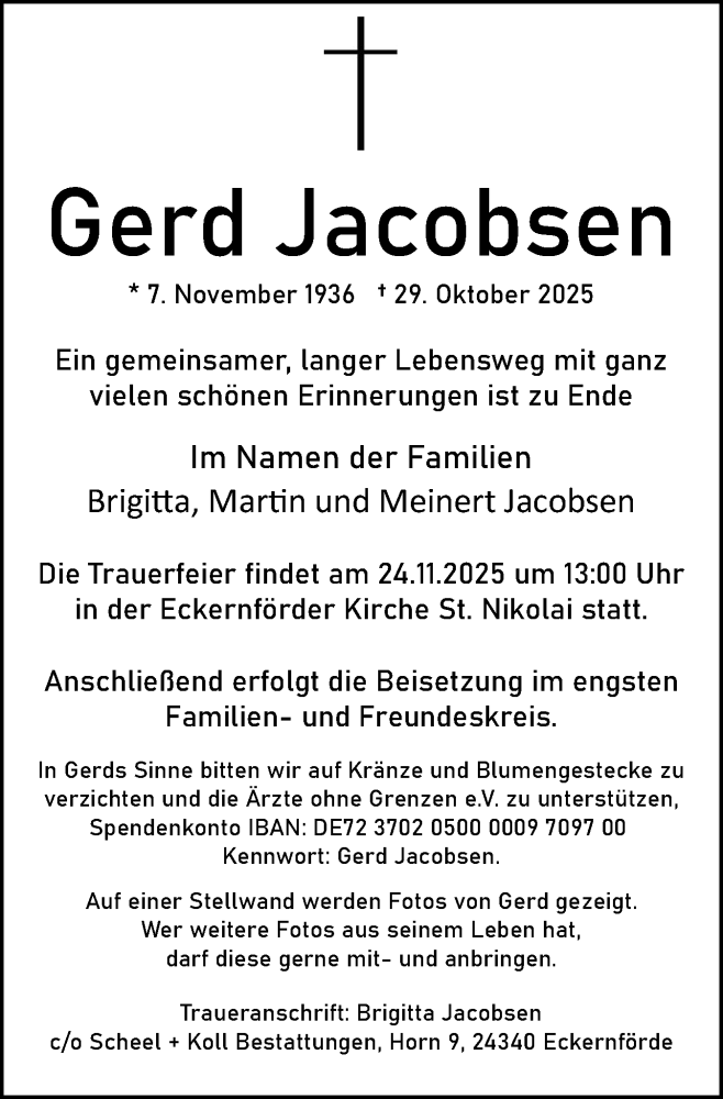  Traueranzeige für Gerd Jacobsen vom 15.11.2025 aus Hallo Eckernförde
