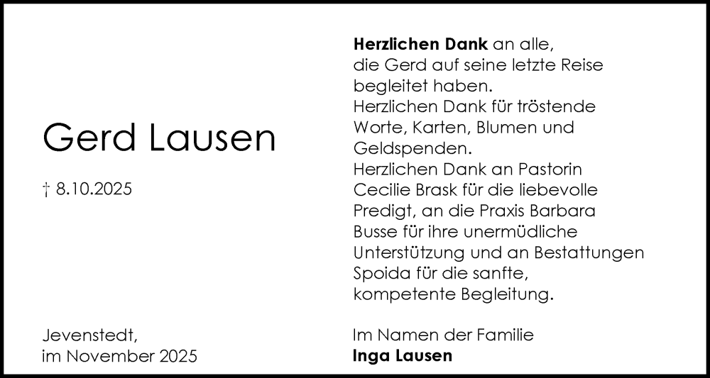  Traueranzeige für Gerd Lausen vom 08.11.2025 aus Schleswig-Holsteinische Landeszeitung