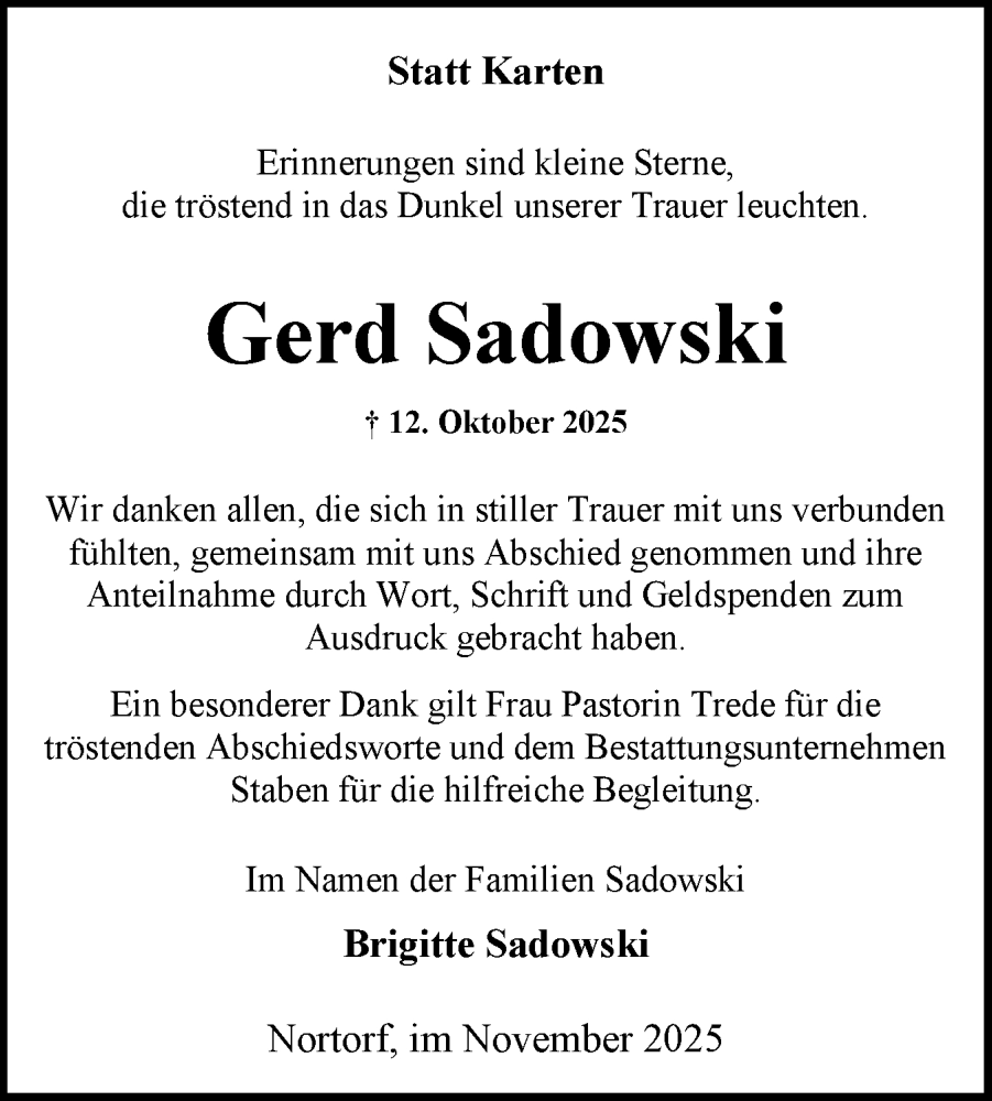  Traueranzeige für Gerd Sadowski vom 18.11.2025 aus Schleswig-Holsteinische Landeszeitung