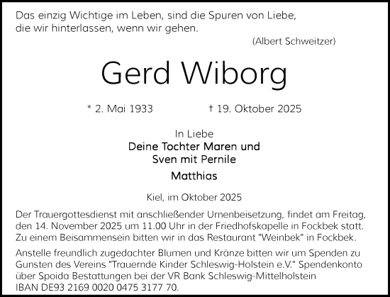 Traueranzeige von Gerd Wiborg von Schleswig-Holsteinische Landeszeitung