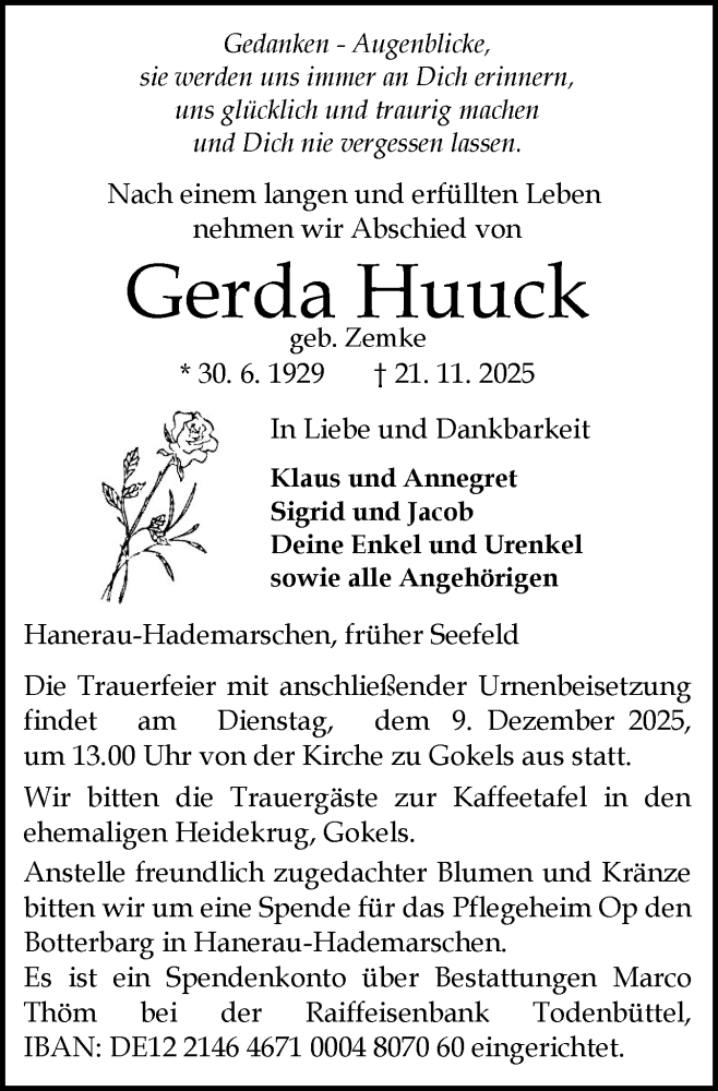  Traueranzeige für Gerda Huuck vom 29.11.2025 aus Schleswig-Holsteinische Landeszeitung