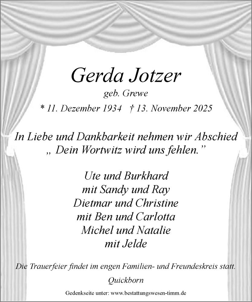  Traueranzeige für Gerda Jotzer vom 29.11.2025 aus Umschau