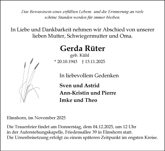 Traueranzeige von Gerda Rüter von Elmshorner Nachrichten, Barmstedter Zeitung