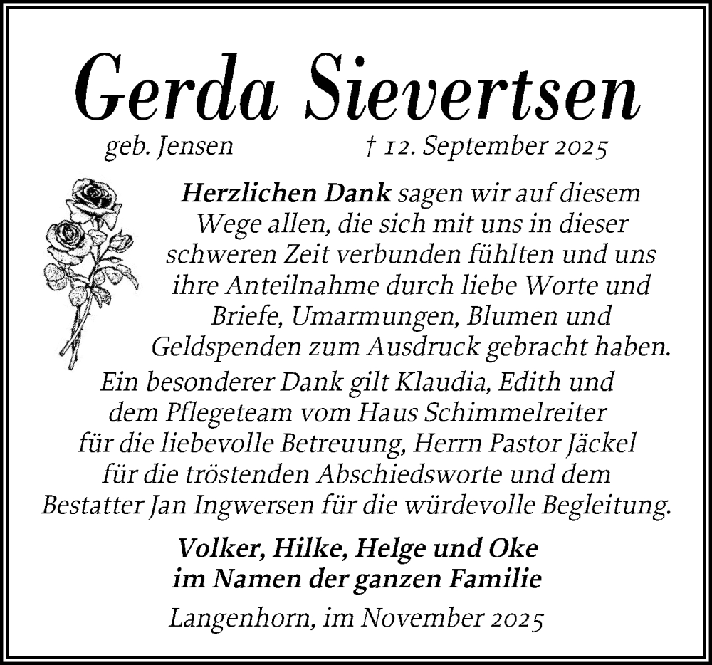  Traueranzeige für Gerda Sievertsen vom 03.11.2025 aus Husumer Nachrichten, Nordfriesland Tageblatt
