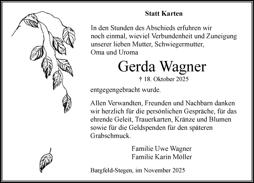  Traueranzeige für Gerda Wagner vom 22.11.2025 aus MARKT Ahrensburg/Bargteheide/Trittau und Stormarner Tageblatt