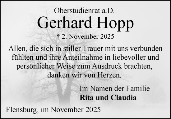 Traueranzeige von Gerhard Hopp von Flensburger Tageblatt