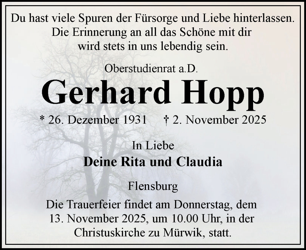  Traueranzeige für Gerhard Hopp vom 08.11.2025 aus Flensburger Tageblatt