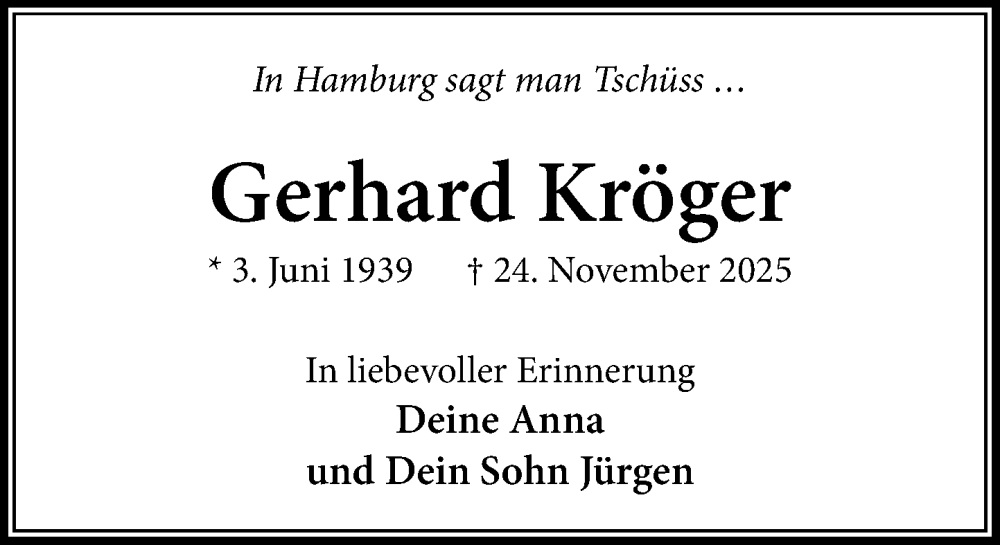  Traueranzeige für Gerhard Kröger vom 29.11.2025 aus Heimatspiegel