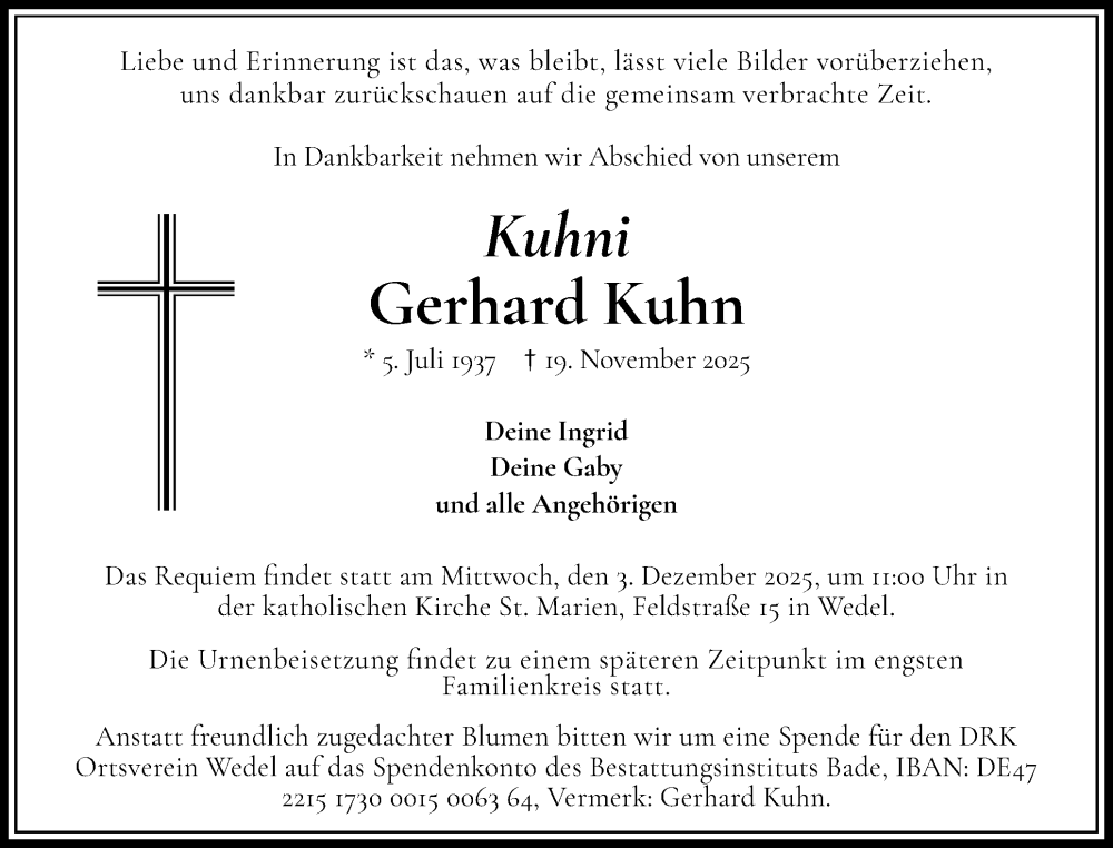  Traueranzeige für Gerhard Kuhn vom 29.11.2025 aus Wedel-Schulauer Tageblatt, tip Wedel-Schulauer Tageblatt, tip Rissener Rundschau