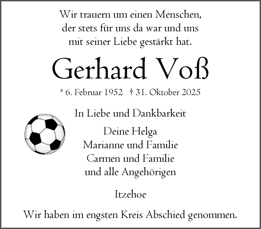 Traueranzeige für Gerhard Voß vom 15.11.2025 aus Norddeutsche Rundschau, Wilstersche Zeitung, Glückstädter Fortuna