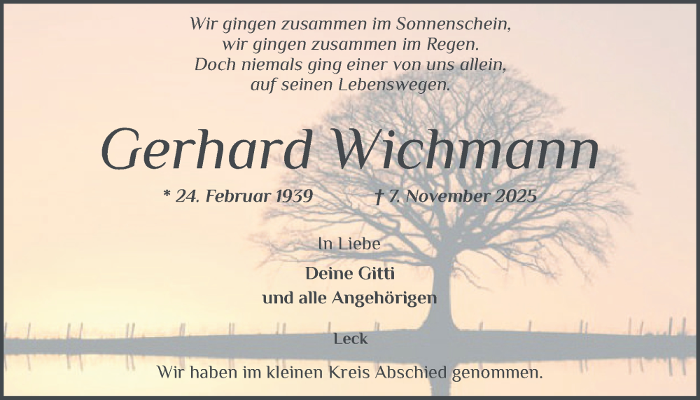  Traueranzeige für Gerhard Wichmann vom 20.11.2025 aus Husumer Nachrichten, Nordfriesland Tageblatt