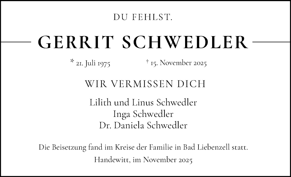  Traueranzeige für Gerrit Schwedler vom 29.11.2025 aus Flensburger Tageblatt