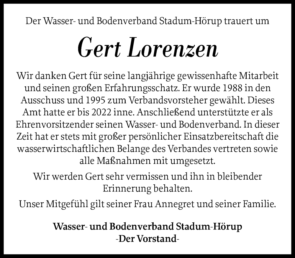  Traueranzeige für Gert Lorenzen vom 13.11.2025 aus Husumer Nachrichten, Nordfriesland Tageblatt