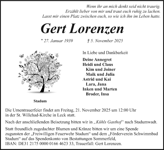 Traueranzeige von Gert Lorenzen von Husumer Nachrichten, Nordfriesland Tageblatt