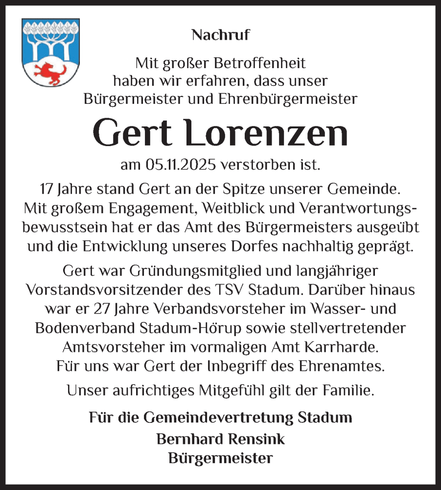  Traueranzeige für Gert Lorenzen vom 13.11.2025 aus Husumer Nachrichten, Nordfriesland Tageblatt