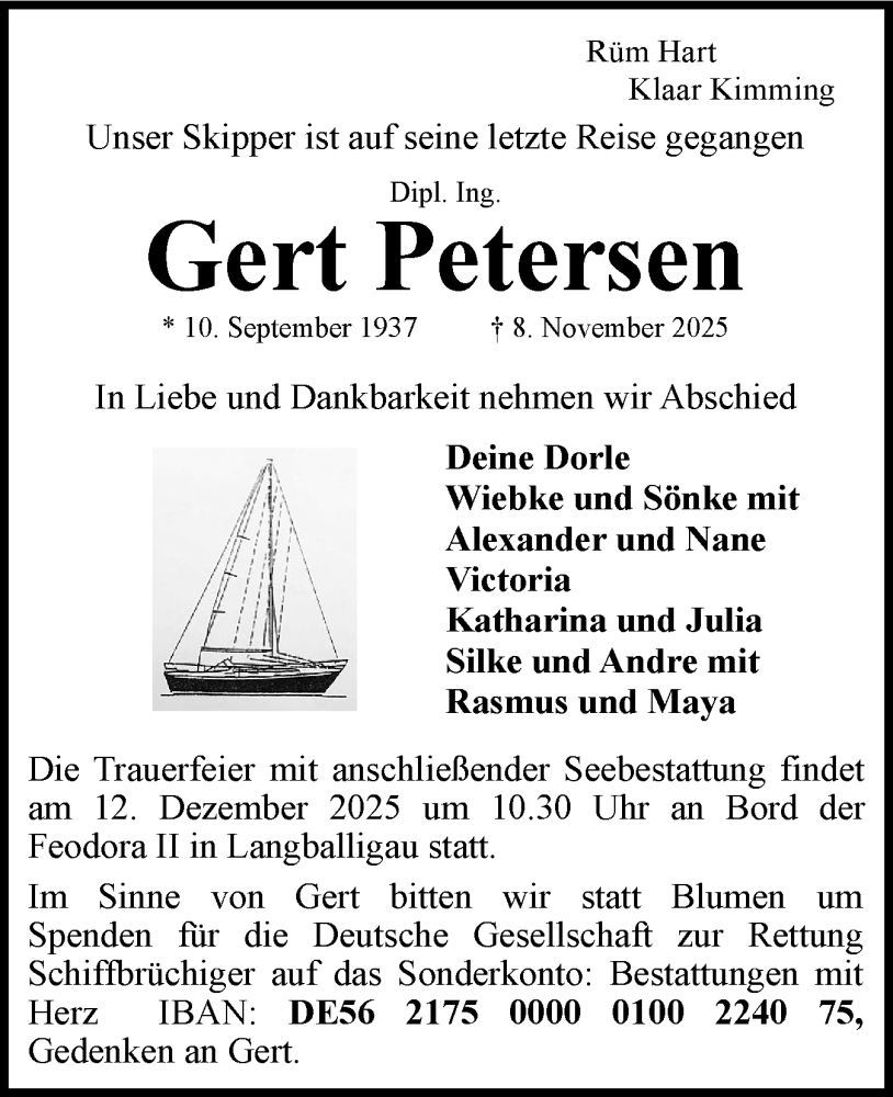  Traueranzeige für Gert Petersen vom 29.11.2025 aus Flensburger Tageblatt