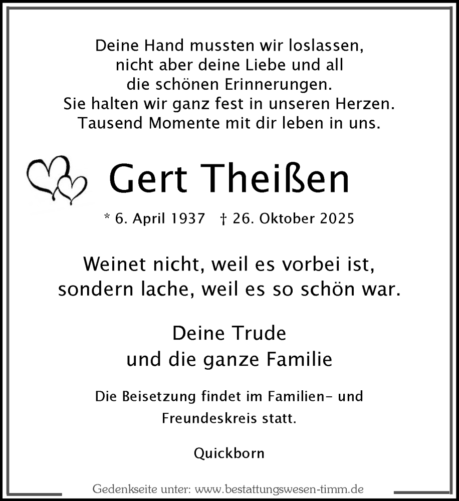  Traueranzeige für Gert Theißen vom 08.11.2025 aus Umschau