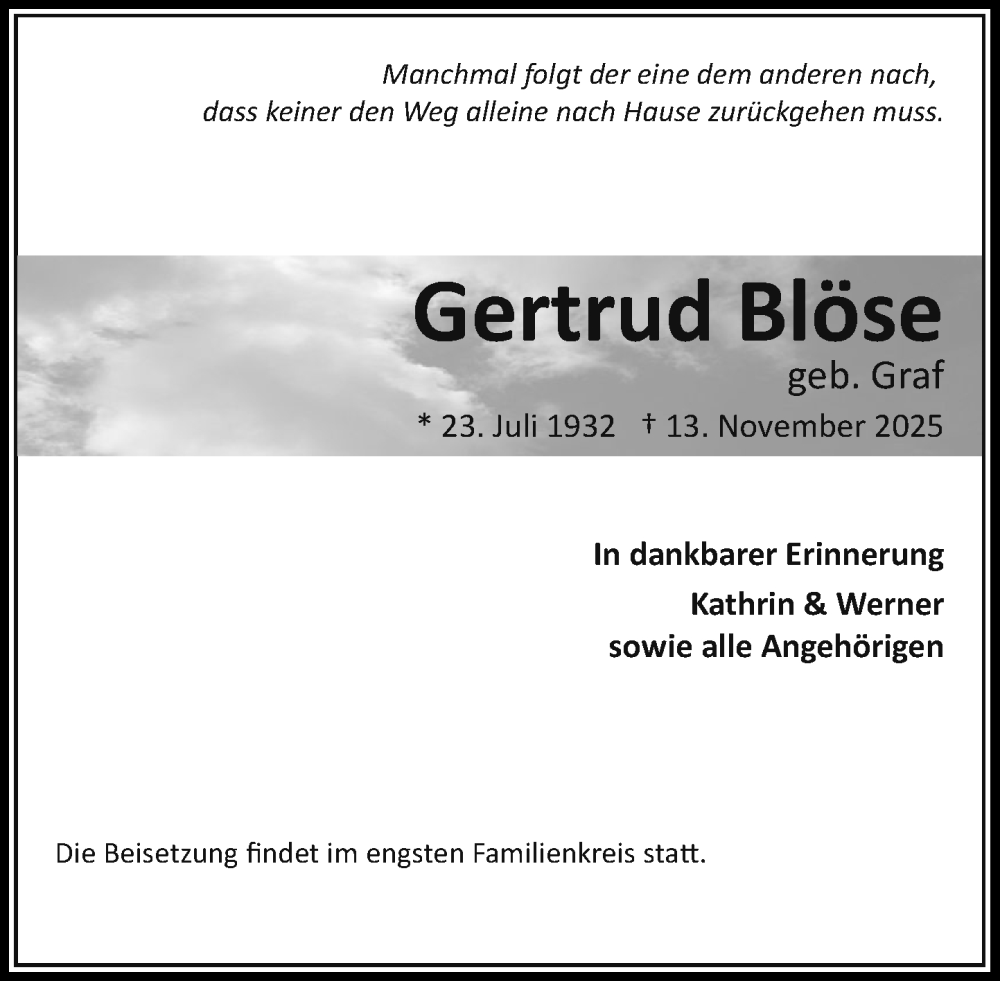  Traueranzeige für Gertrud Blöse vom 22.11.2025 aus Wochenend Anzeiger